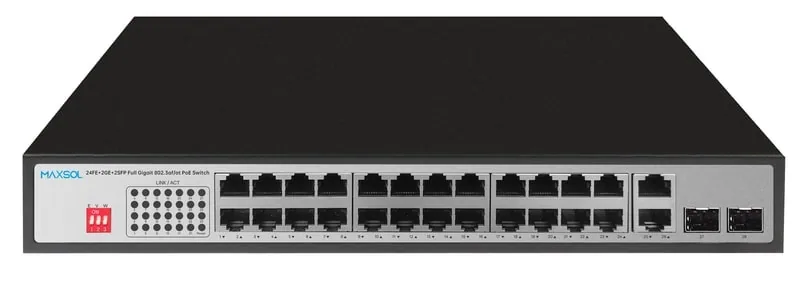Vue du switch PoE Gigabit PS12402FG avec vingt-quatre ports PoE et des ports uplink RJ45 et SFP