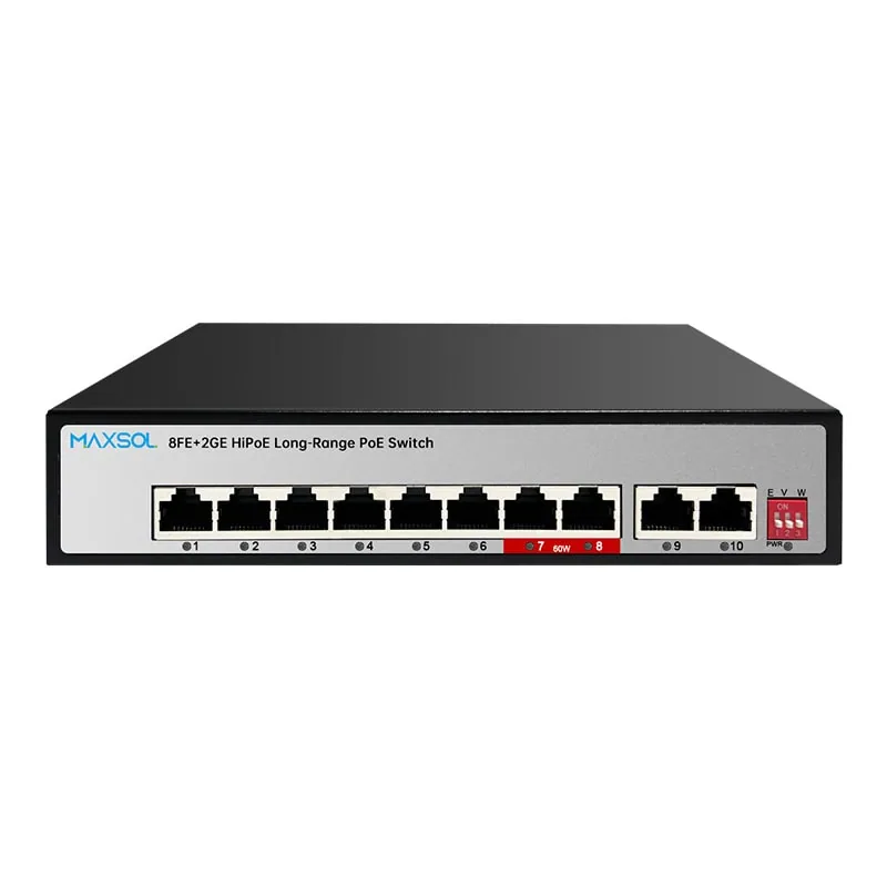 Switch PoE longue portée Maxsol PS1802GE avec 8 ports PoE et 2 ports montants Gigabit