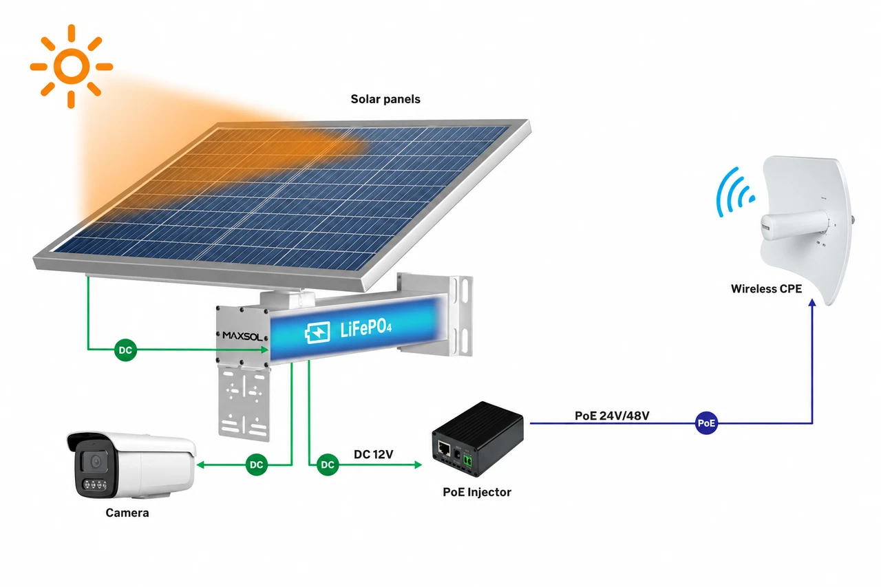 Architecture complète avec solaire, caméra, injecteur PoE et CPE sans fil